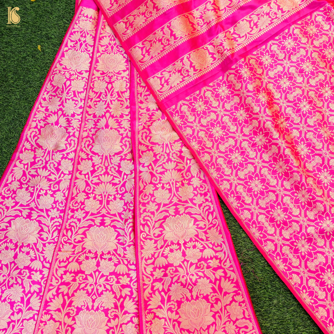 Handloom Pure Katan Silk Pink Banarasi Kalidar Lotus Lehenga