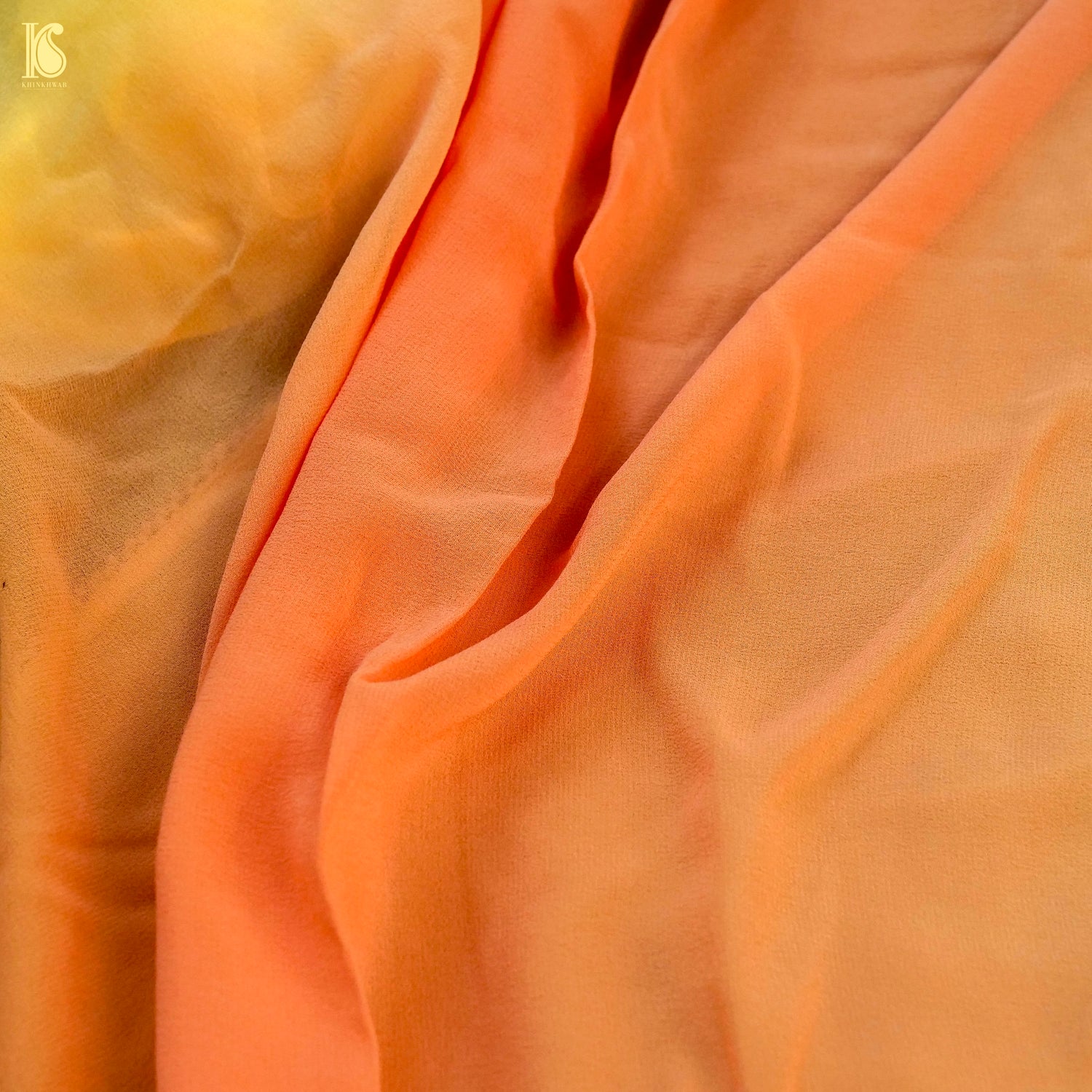 Orange &amp; Yellow Pure Georgette Saree with Pearl Edging