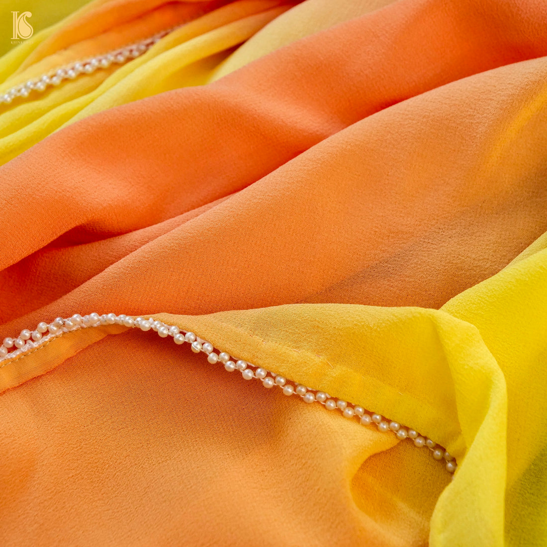 Orange &amp; Yellow Pure Georgette Saree with Pearl Edging
