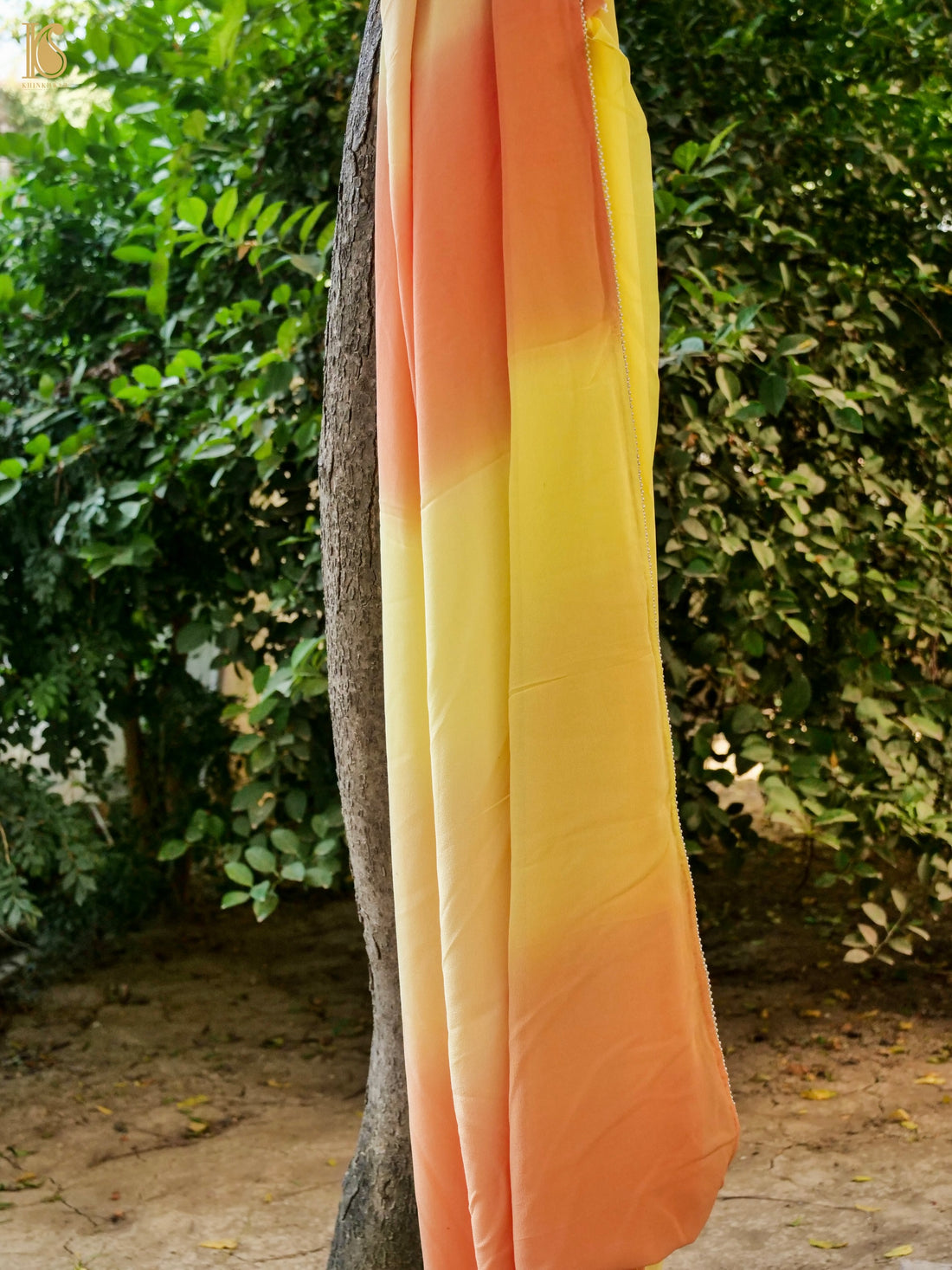 Orange & Yellow Pure Georgette Saree with Pearl Edging