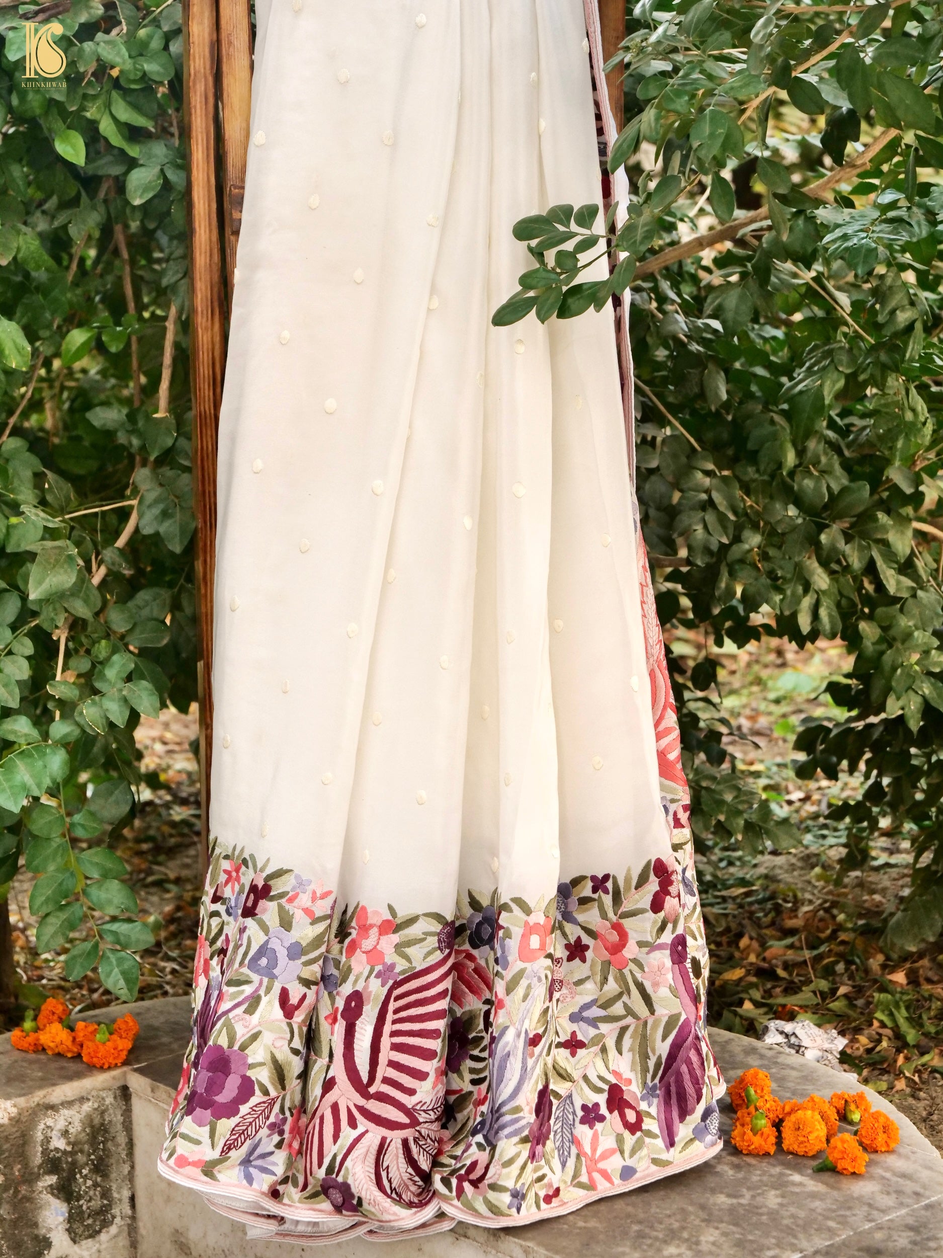 Buy Peach Pink Parsi Gara Saree With Resham Work All Over