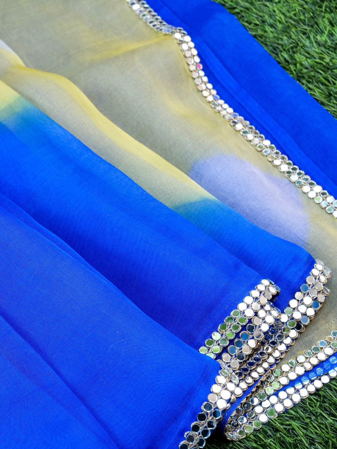 Blue & Yellow Pure Organza Saree with Border