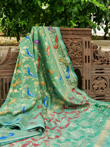 Green Pure Georgette Birds Banarasi Saree