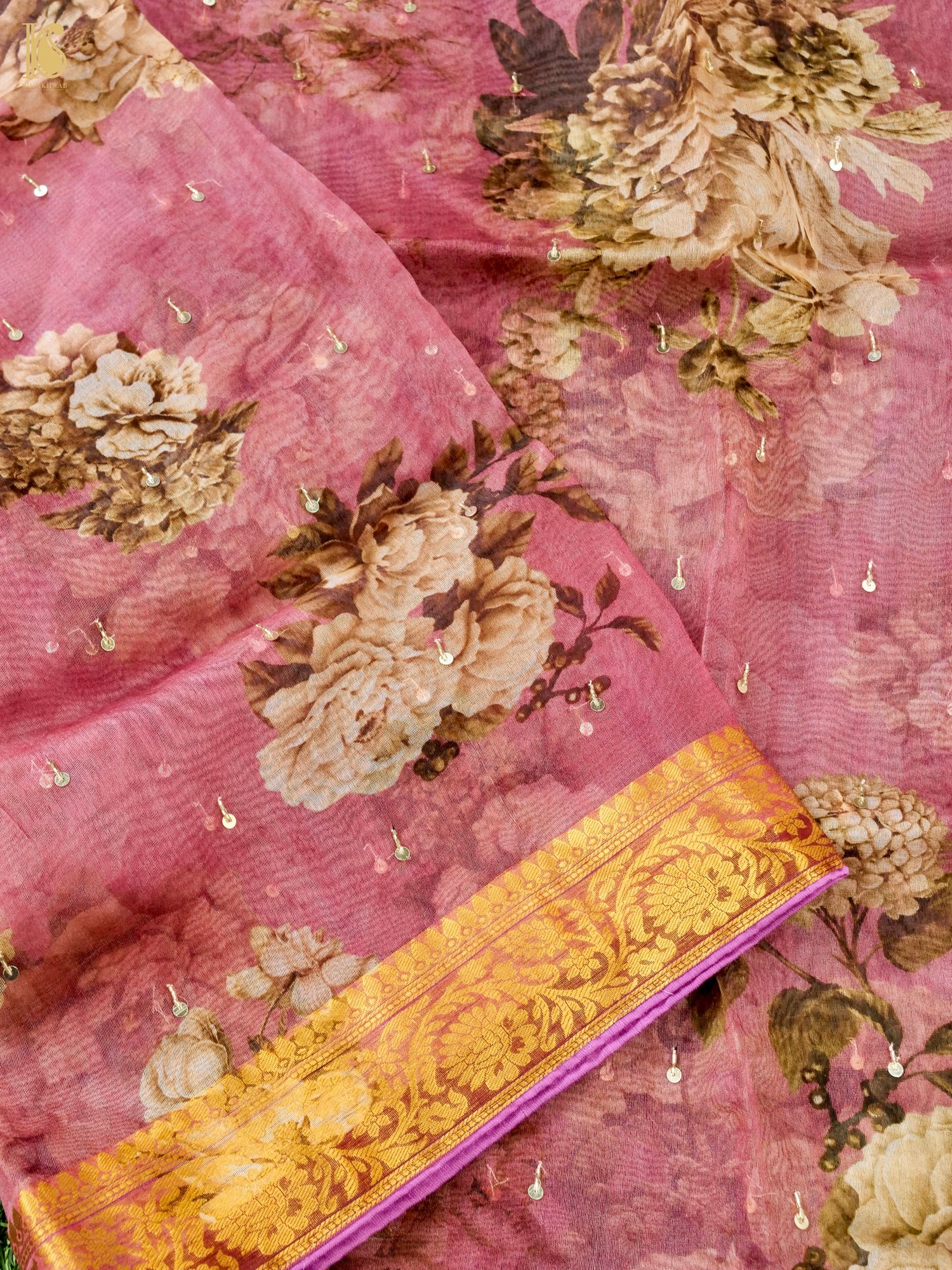 Organza Floral Printed Dupatta with Banarasi Border