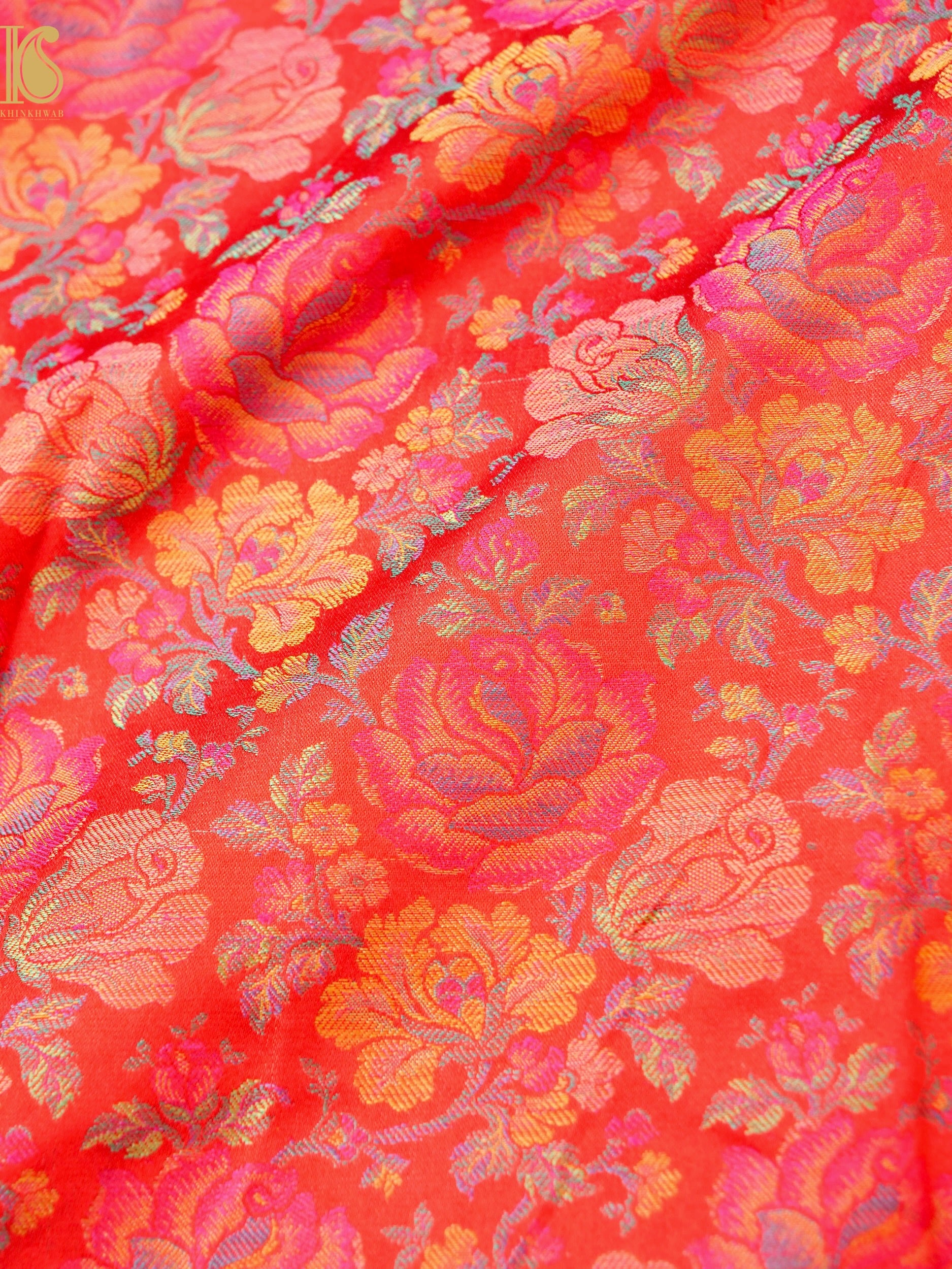 Handloom Banarasi Tanchoi Silk Rose Fabric