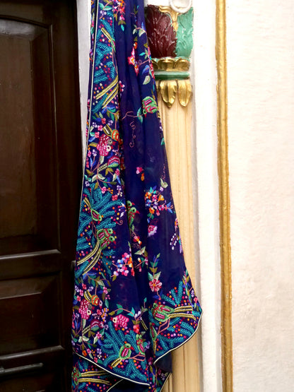 Petit Point Hand Embriodery Georgette Dupatta in Navy