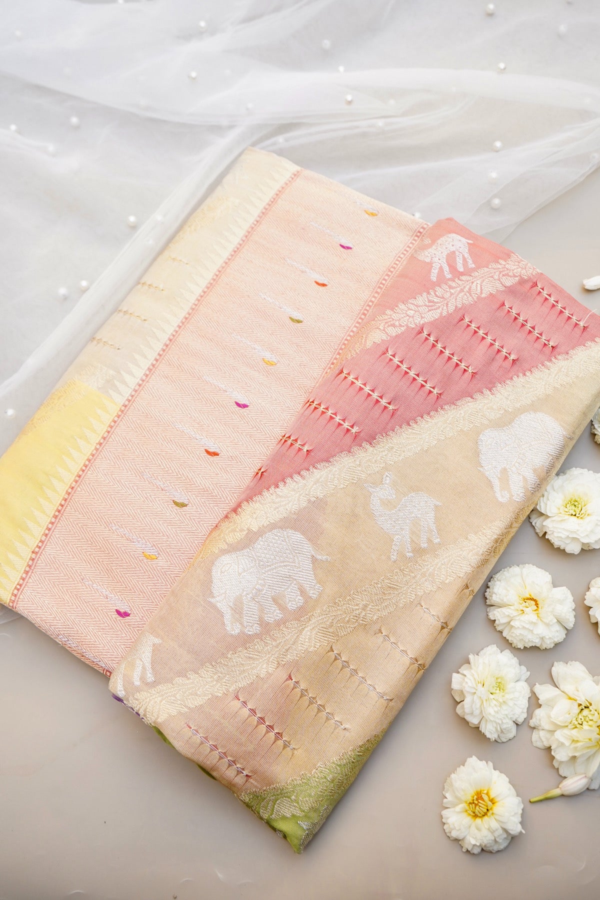 Handloom Banarasi Katan Silk Rangkat Pastel Saree with Githi Technique - Khinkhwab