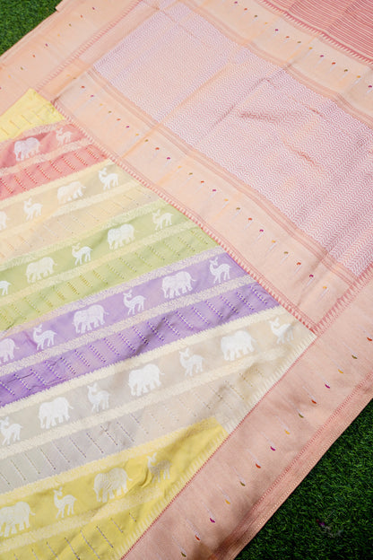 Handloom Banarasi Katan Silk Rangkat Pastel Saree with Githi Technique - Khinkhwab