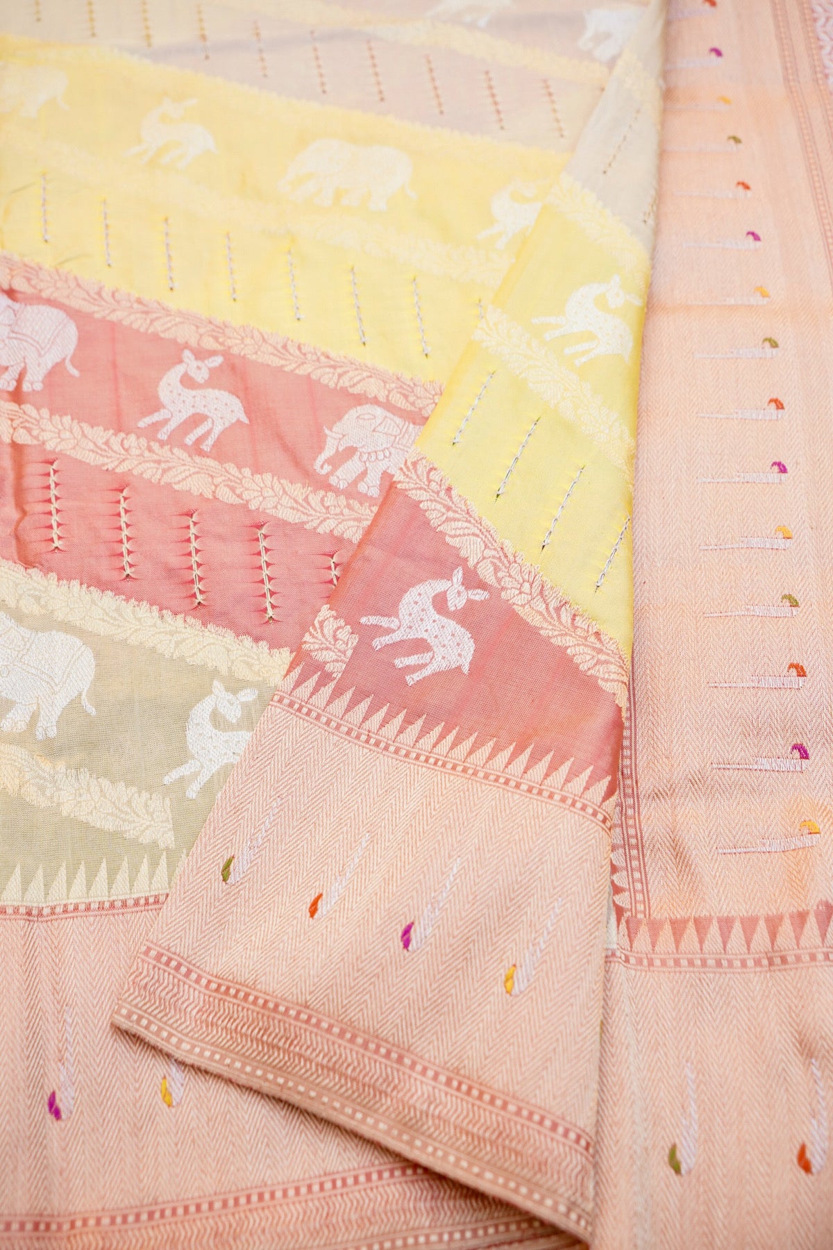 Handloom Banarasi Katan Silk Rangkat Pastel Saree with Githi Technique - Khinkhwab