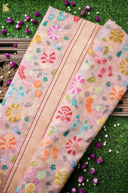 Banarasi Kora Cotton Ektara Kadwa Jaal Handwoven Saree in Blush Peach