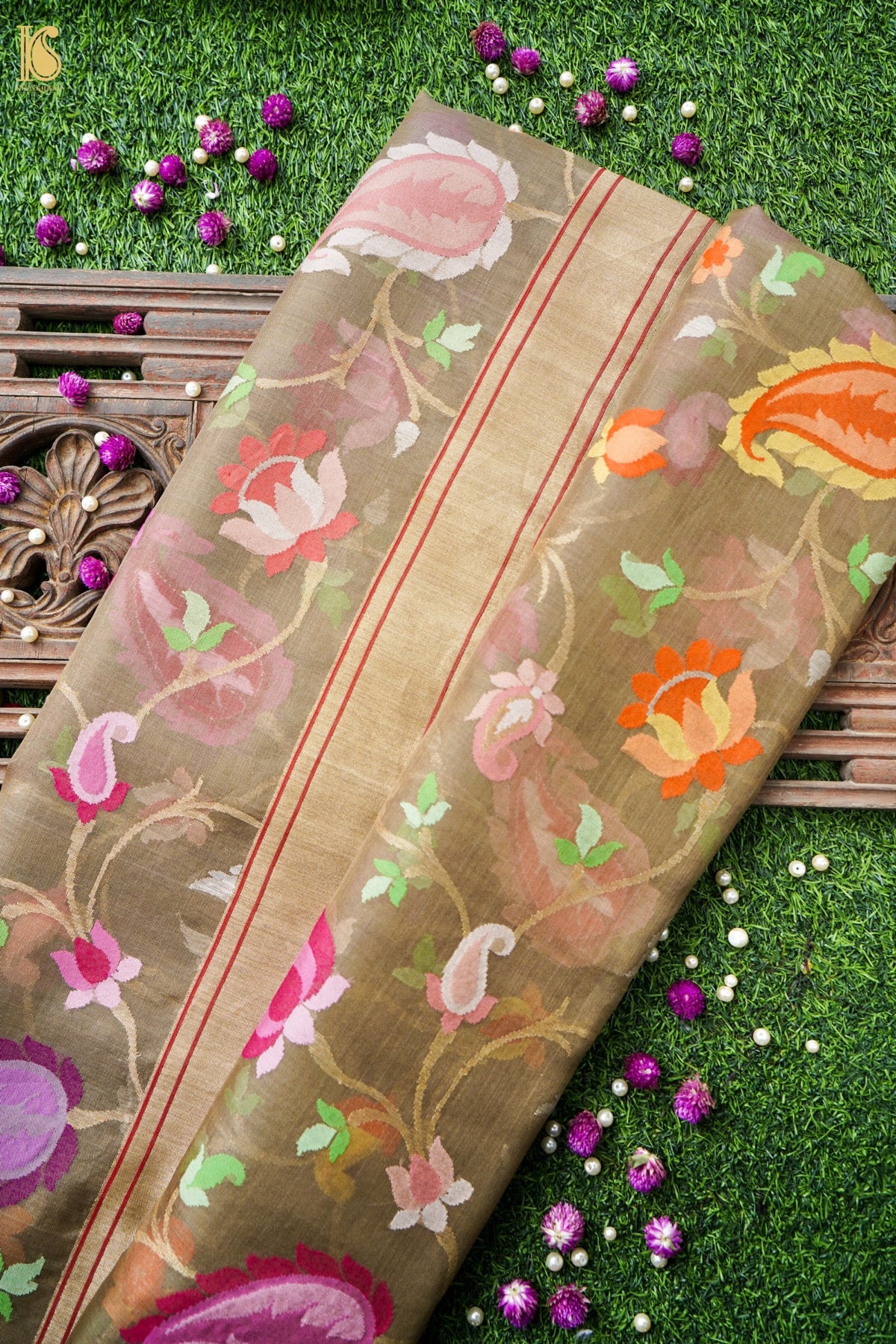 Banarasi Kora Cotton Ektara Kadwa Jaal Handwoven Saree in Warm Khaki