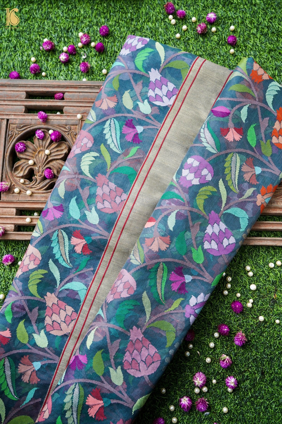 Banarasi Kora Cotton Ektara Kadwa Jaal Handwoven Saree in Teal Blue