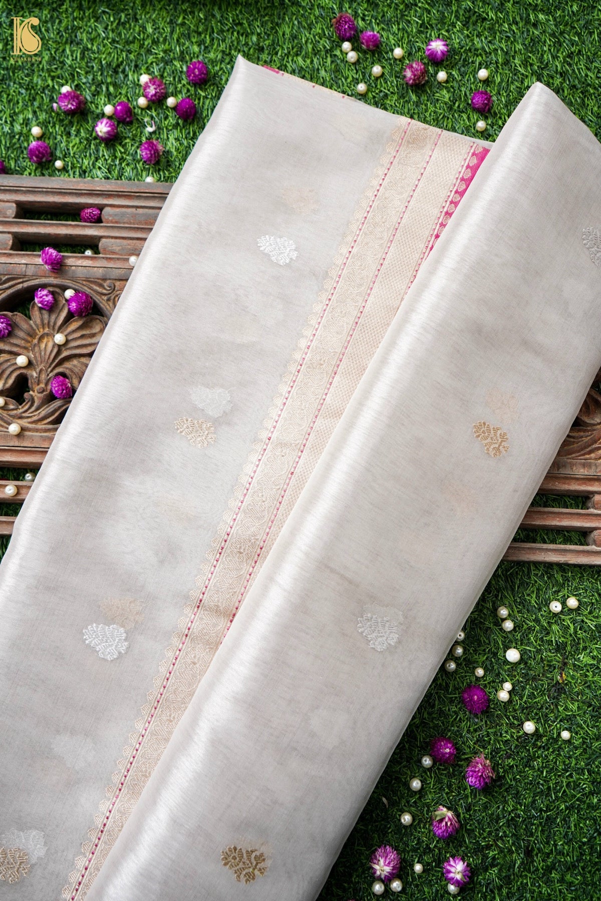 Pure Tissue Silk Alfi Buti Banarasi Saree in Silver Off White