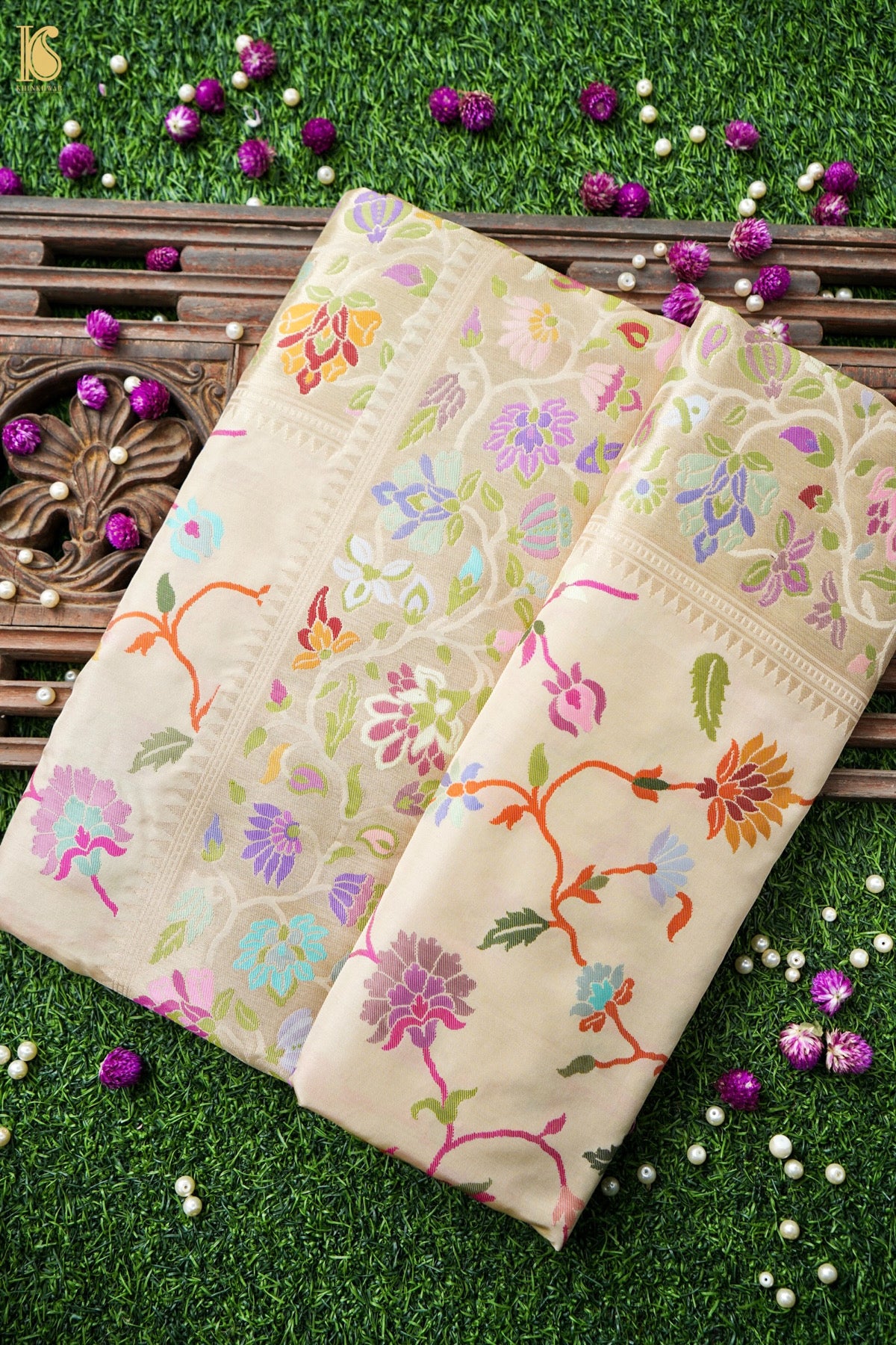Pure Silk Jangla Meenakari Banarasi Saree in Cream Ivory