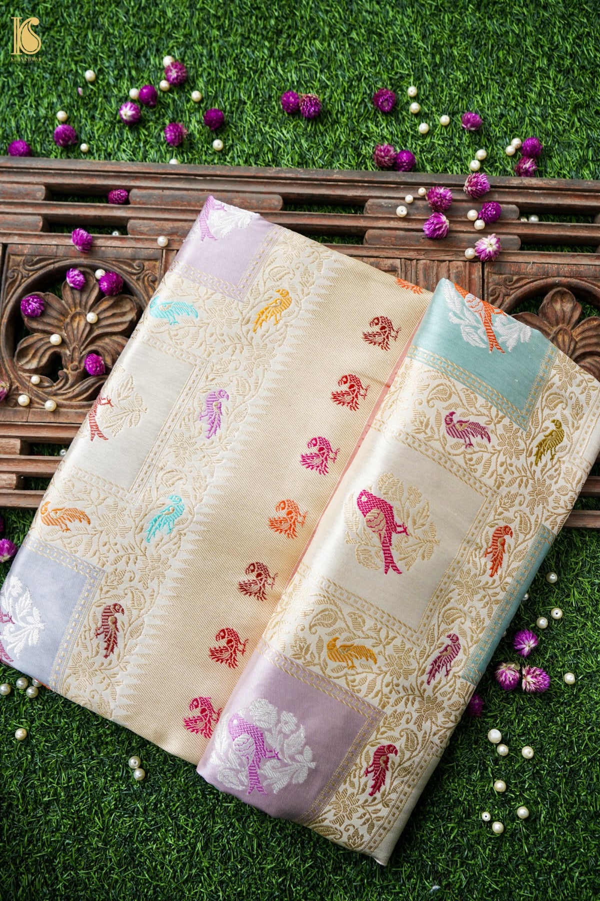Pure Katan Silk Rangkat Meenakari Parrot Buti Banarasi Saree in Lilac Ivory