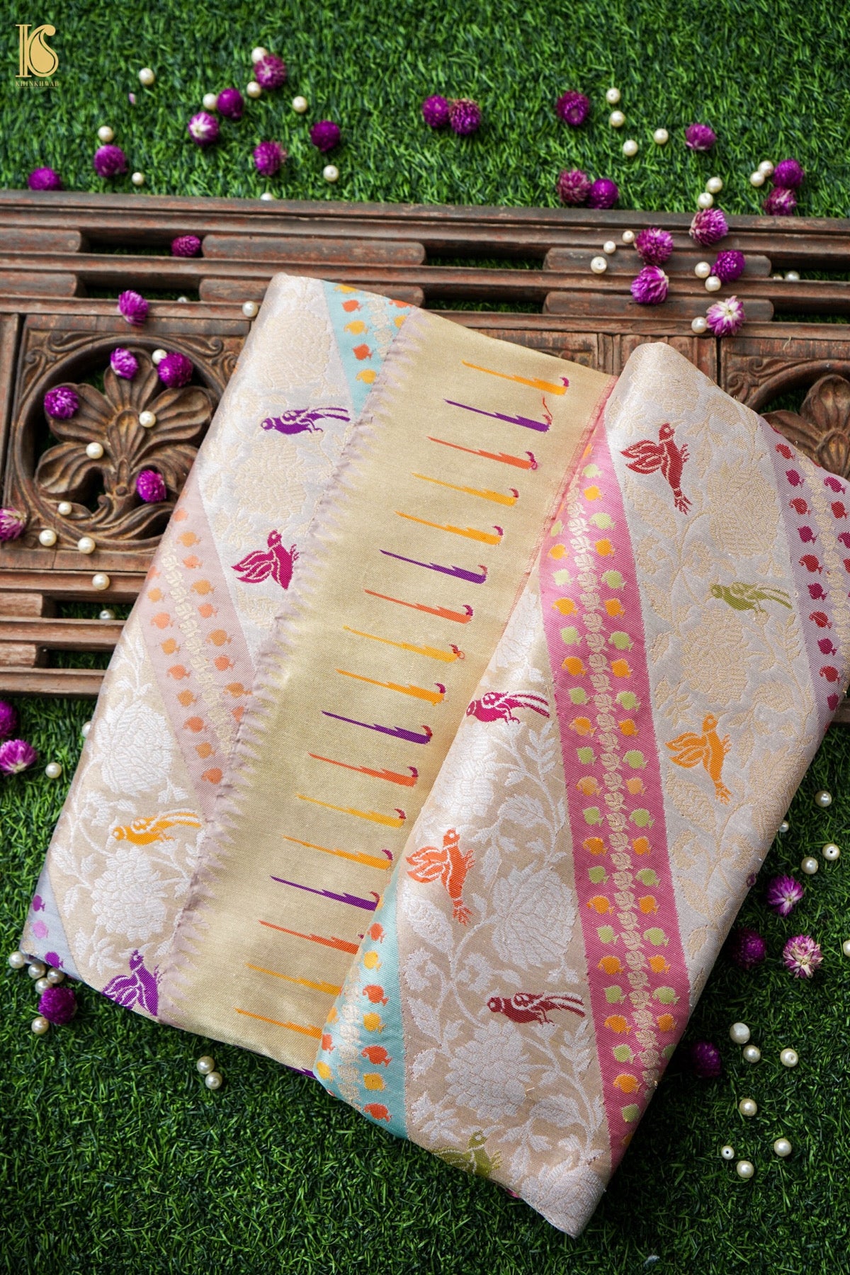 Pure Katan Silk Rangkat Meenakari Parrot Buti Banarasi Saree in Powder Blue Ivory