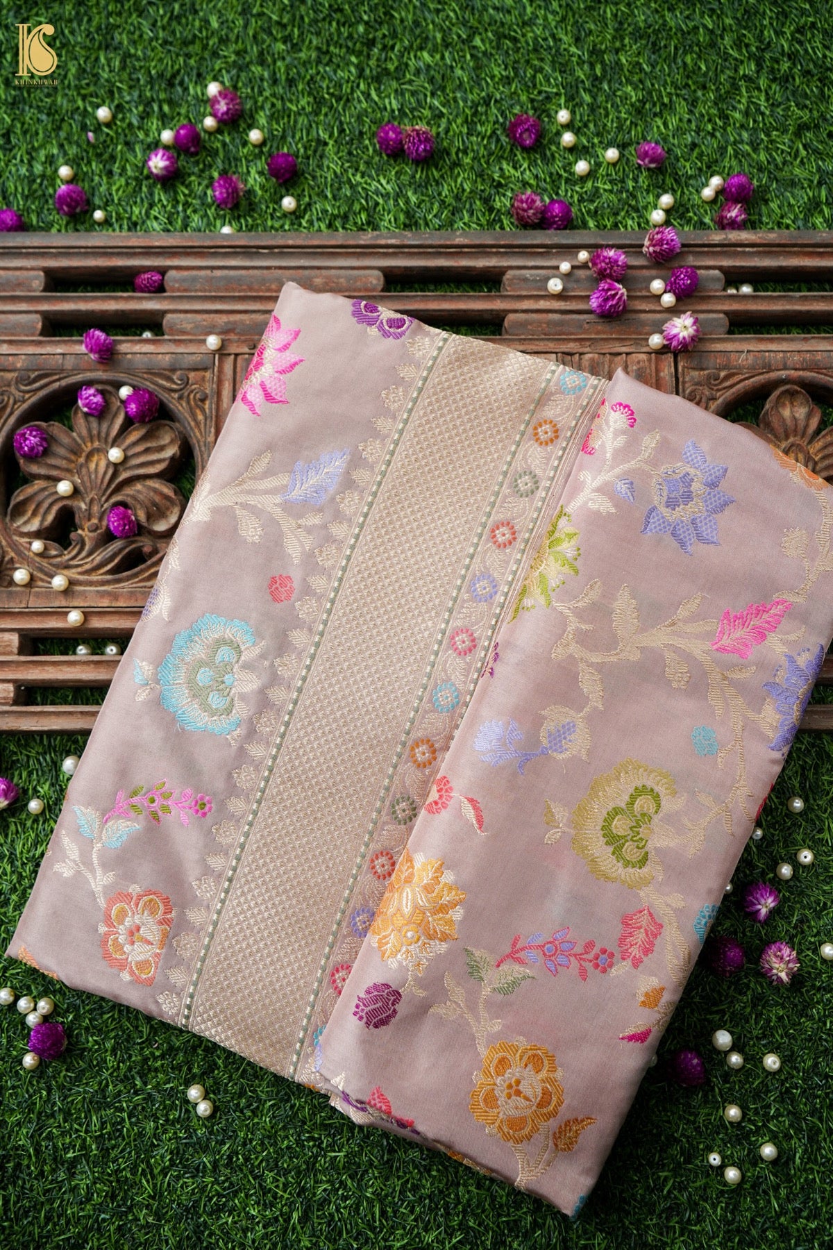 Pure Katan Silk Meenakari Floral Buti Banarasi Saree in Mauve Pink