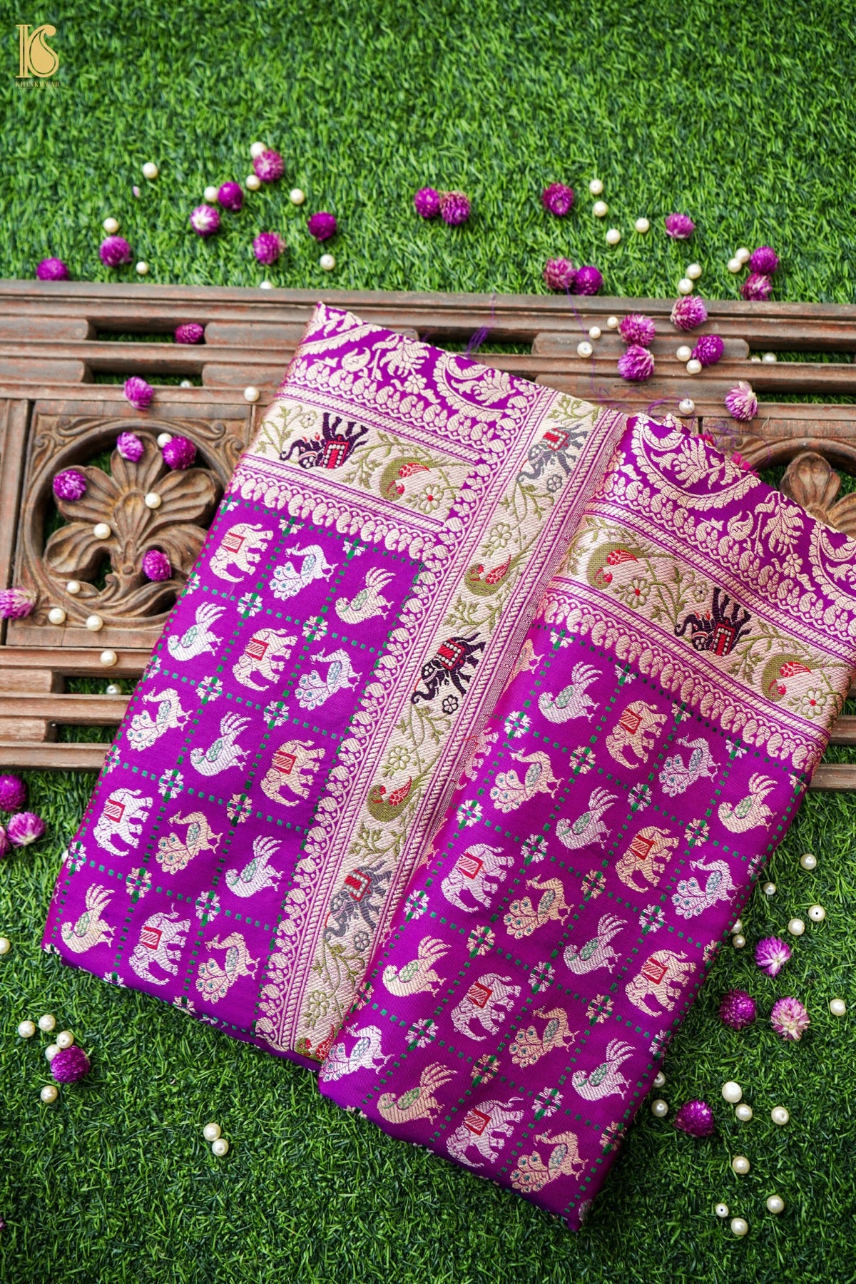 Pure Katan Silk Shikargah Charkhana Animal Motif Banarasi Saree in Deep Magenta
