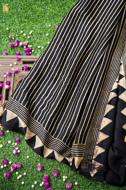 Modal Silk Ajrakh Hand Block Medallion Stripe Saree in Black