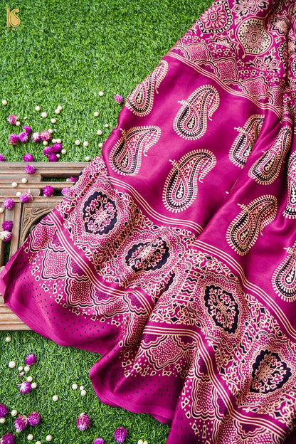 Modal Silk Ajrakh Hand Block Kalgha Saree in Hot Pink