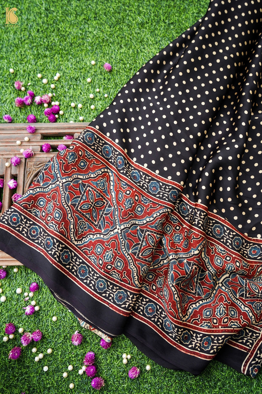 Modal Silk Ajrakh Hand Block Fardi Buti Banarasi Saree in Black