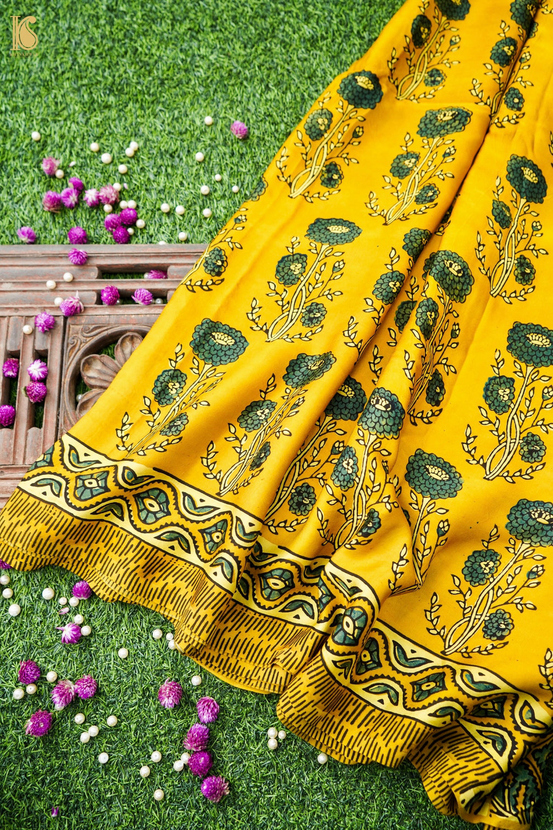 Modal Silk Ajrakh Hand Block Floral Buti Saree in Mustard Yellow