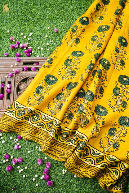 Modal Silk Ajrakh Hand Block Floral Buti Saree in Mustard Yellow