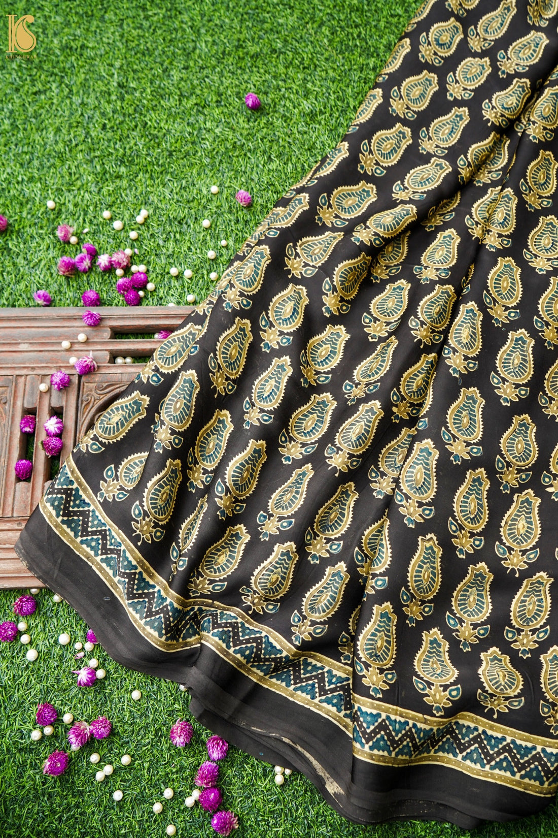 Modal Silk Ajrakh Hand Block Kalgha Buti Saree in Black