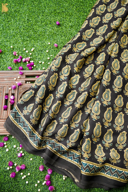 Modal Silk Ajrakh Hand Block Kalgha Buti Saree in Black