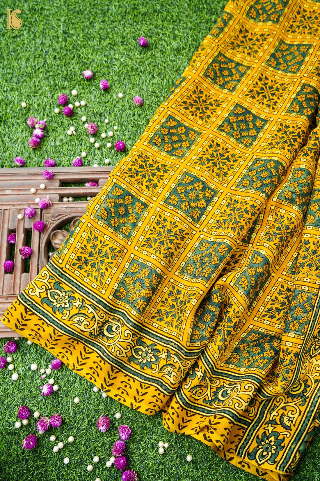 Modal Silk Ajrakh Hand Block Charkhana Banarasi Saree in Mustard Teal
