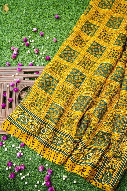 Modal Silk Ajrakh Hand Block Charkhana Banarasi Saree in Mustard Teal