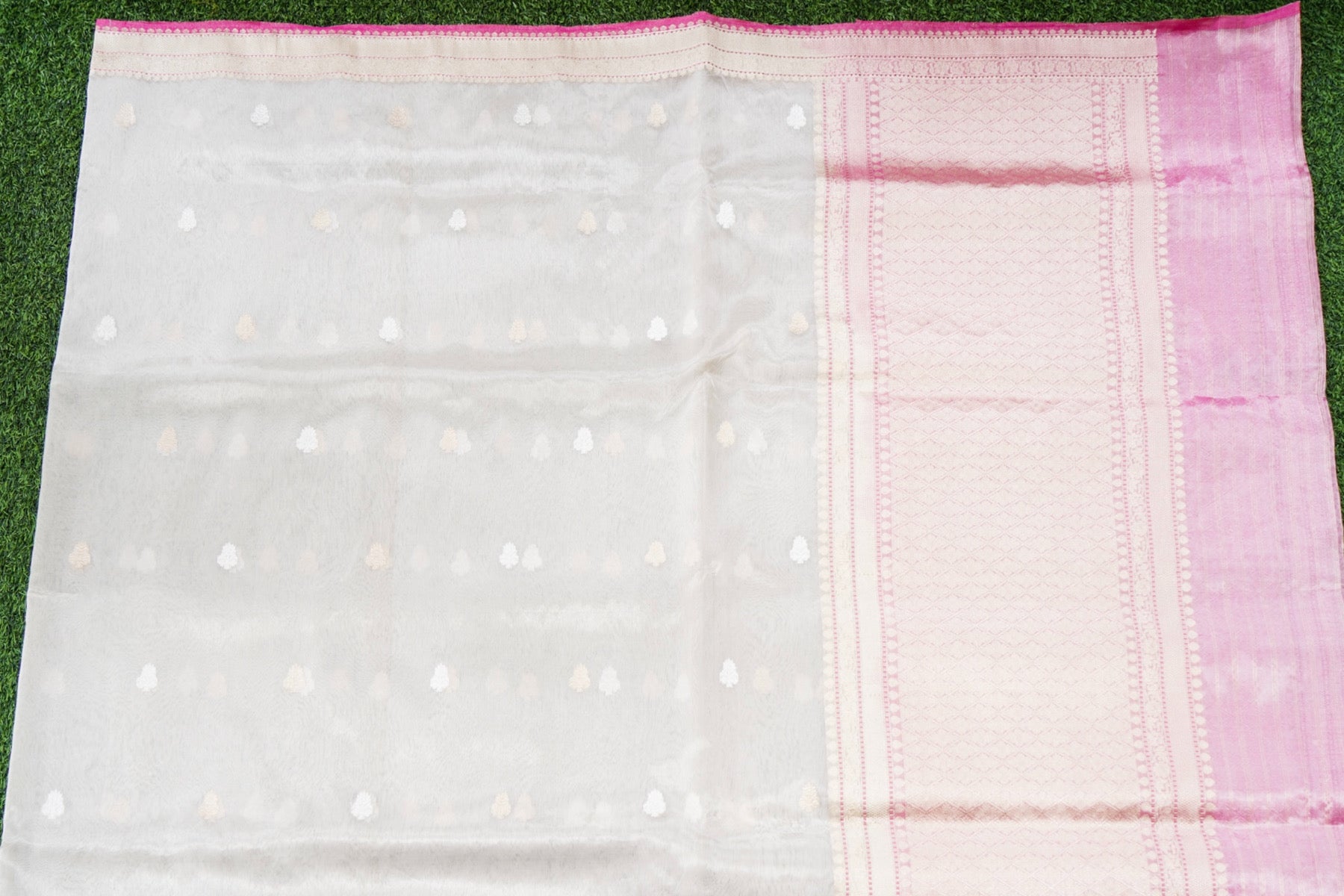 Pure Tissue Silk Alfi Buti Banarasi Saree in Silver Off White