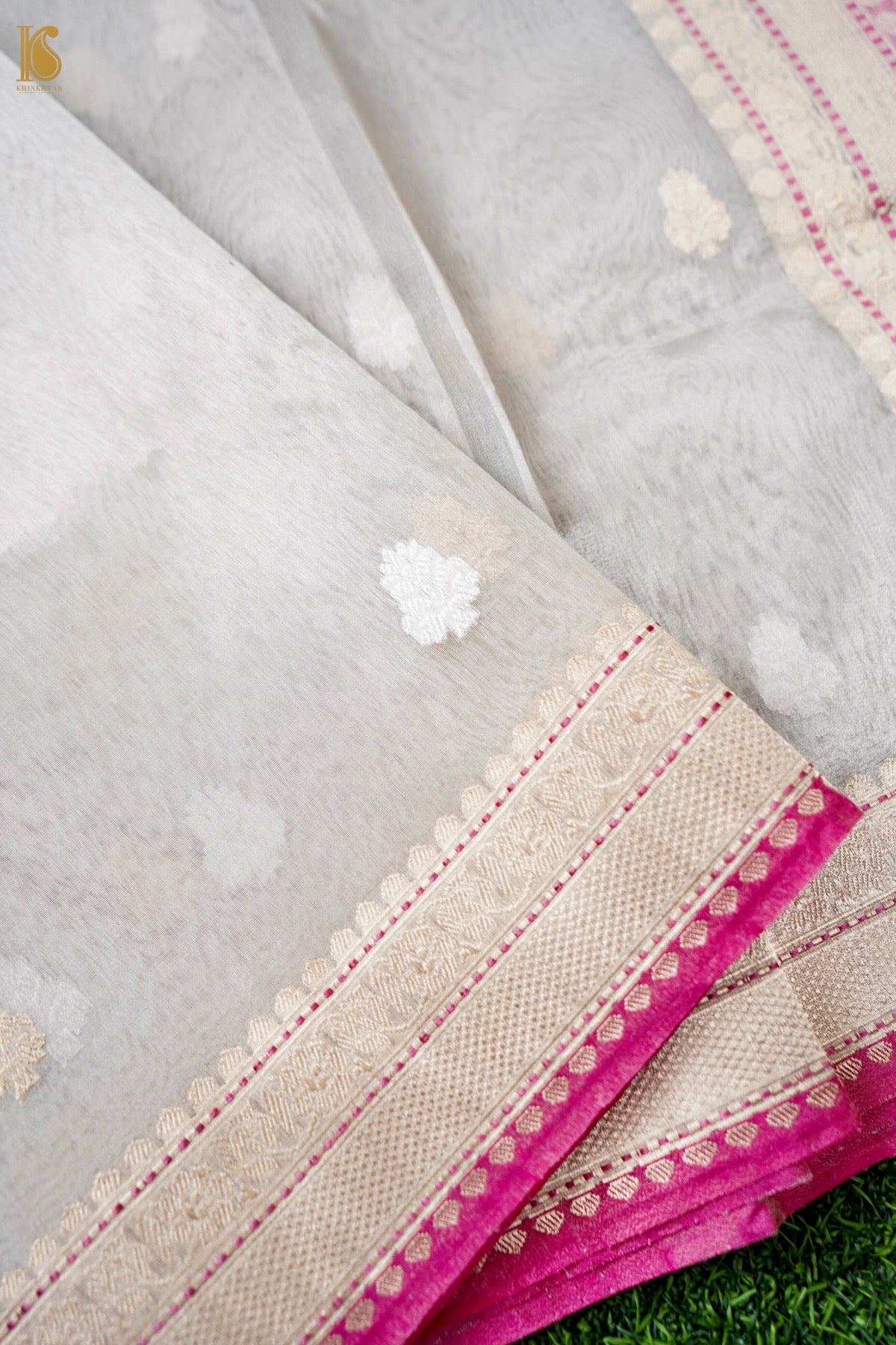 Pure Tissue Silk Alfi Buti Banarasi Saree in Silver Off White