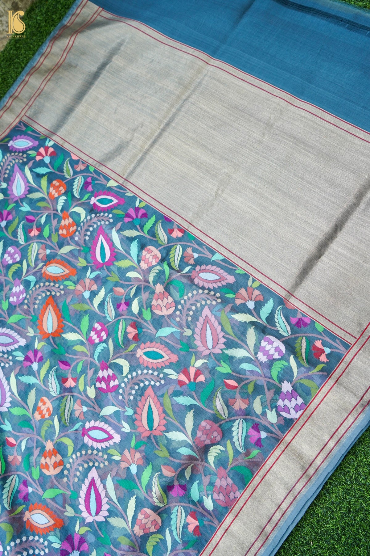 Banarasi Kora Cotton Ektara Kadwa Jaal Handwoven Saree in Teal Blue
