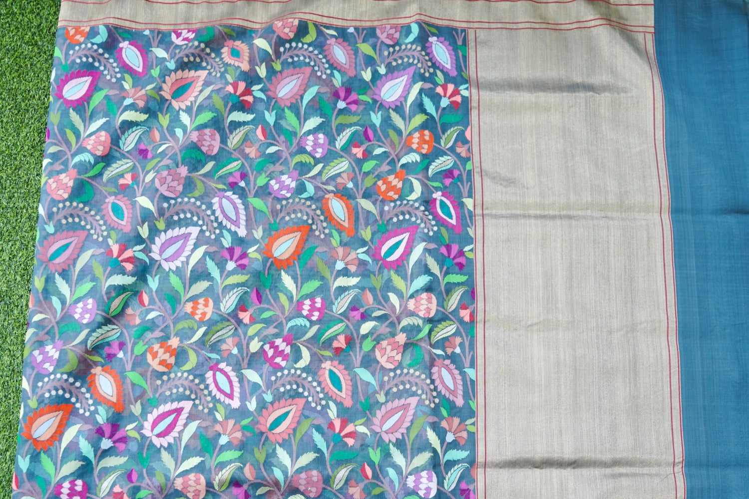 Banarasi Kora Cotton Ektara Kadwa Jaal Handwoven Saree in Teal Blue