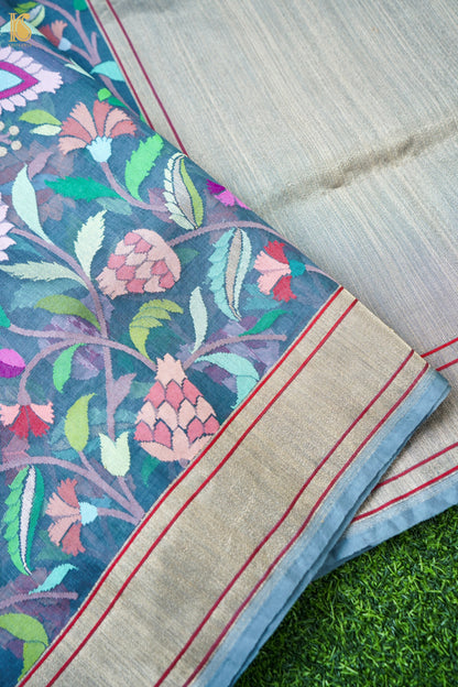 Banarasi Kora Cotton Ektara Kadwa Jaal Handwoven Saree in Teal Blue