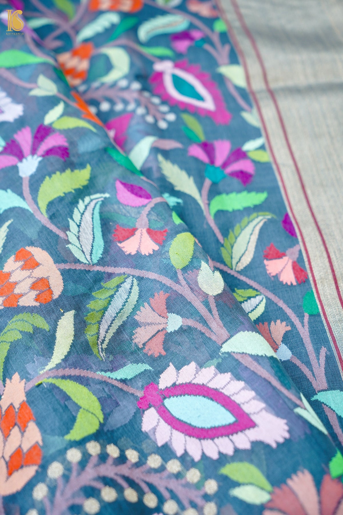 Banarasi Kora Cotton Ektara Kadwa Jaal Handwoven Saree in Teal Blue