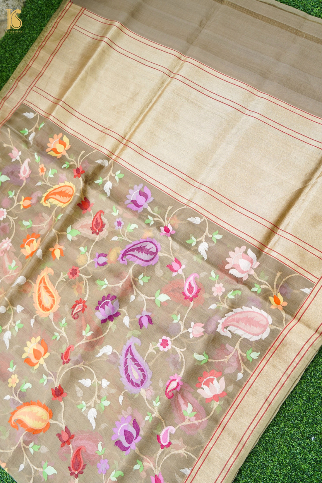 Banarasi Kora Cotton Ektara Kadwa Jaal Handwoven Saree in Warm Khaki