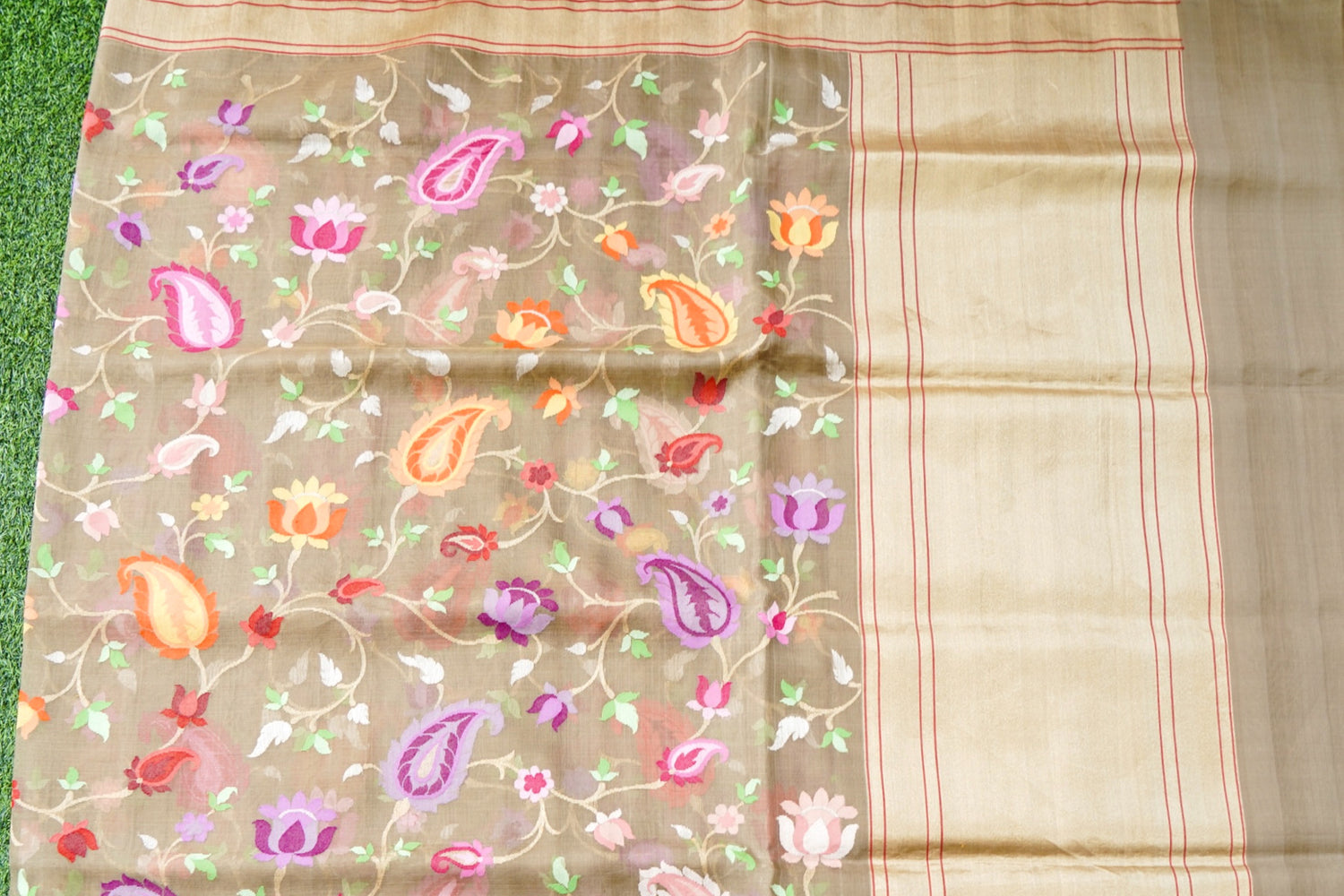 Banarasi Kora Cotton Ektara Kadwa Jaal Handwoven Saree in Warm Khaki