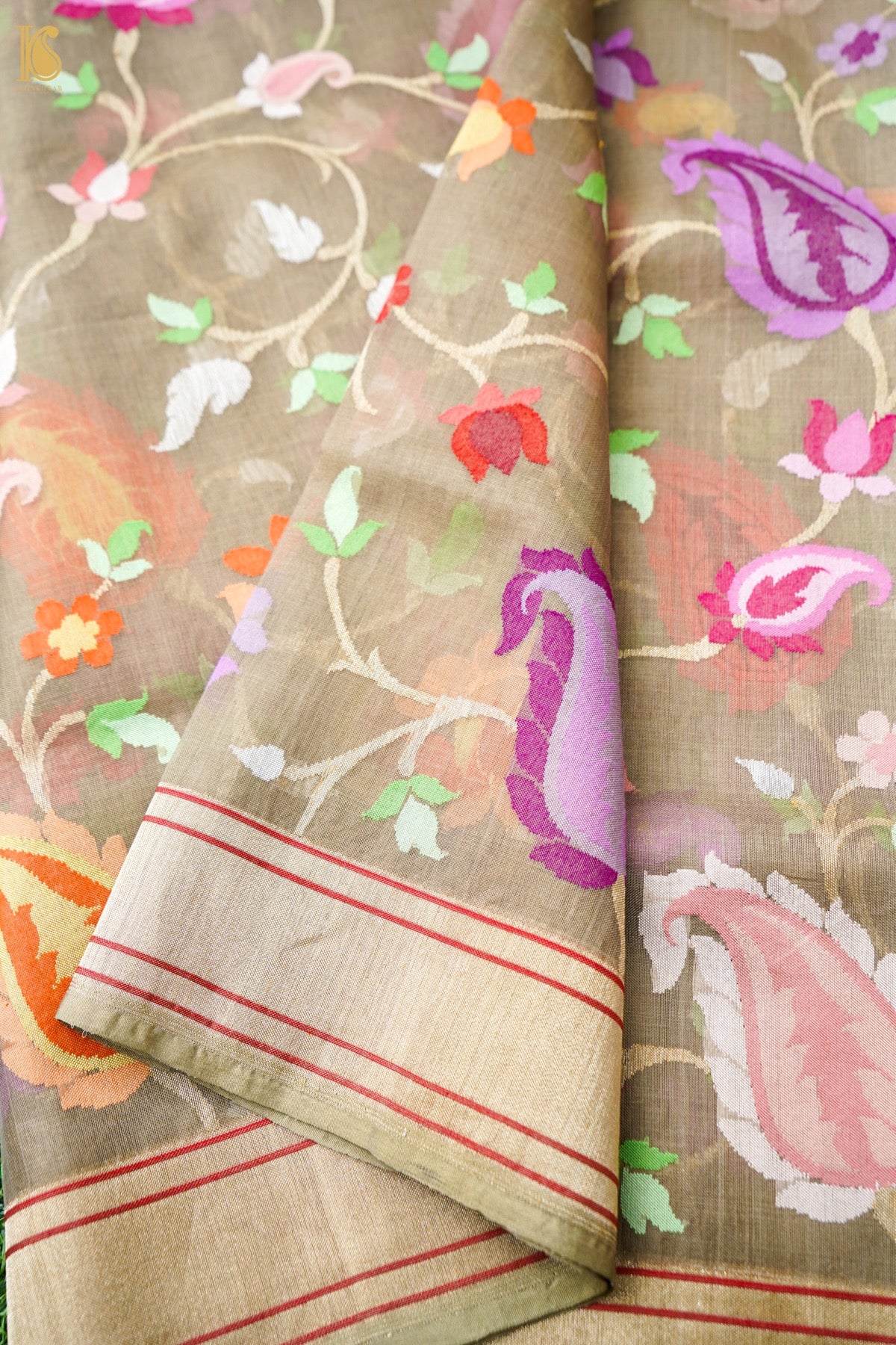 Banarasi Kora Cotton Ektara Kadwa Jaal Handwoven Saree in Warm Khaki