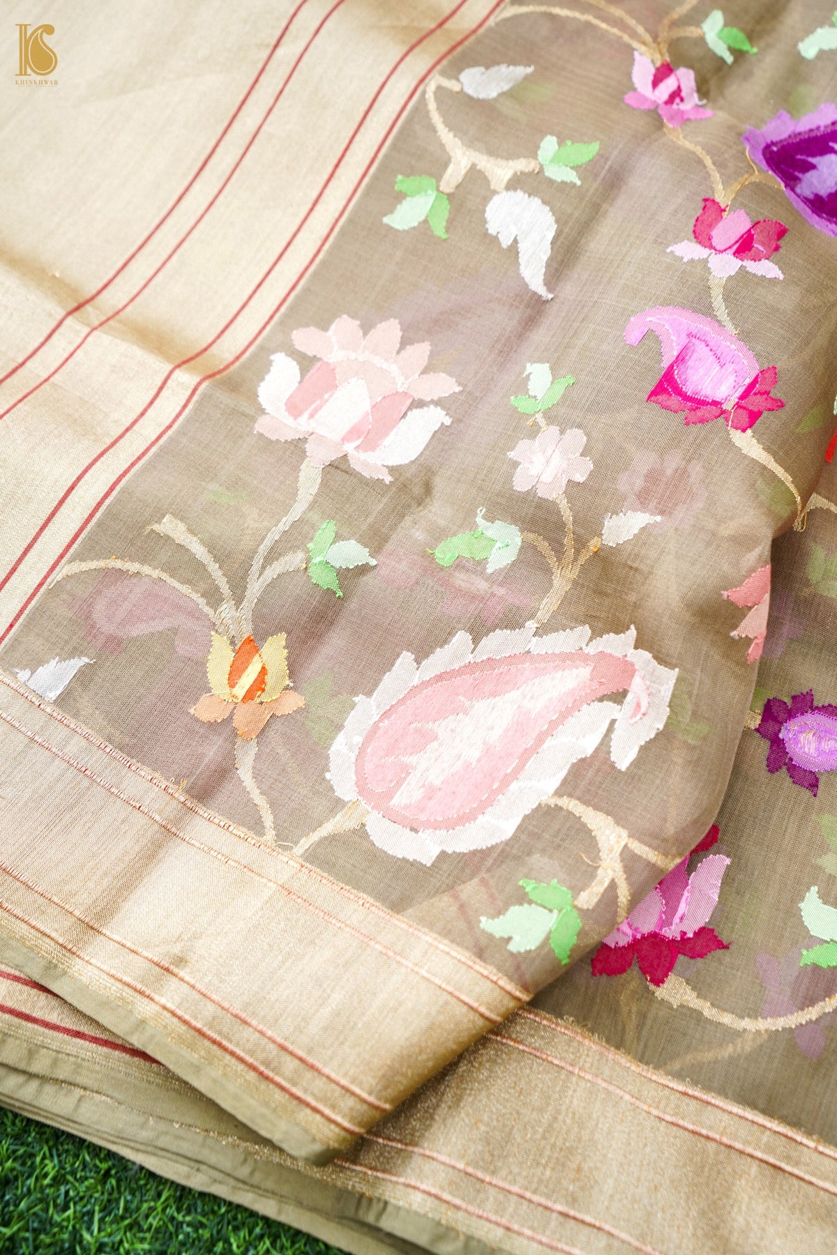 Banarasi Kora Cotton Ektara Kadwa Jaal Handwoven Saree in Warm Khaki