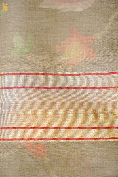 Banarasi Kora Cotton Ektara Kadwa Jaal Handwoven Saree in Warm Khaki