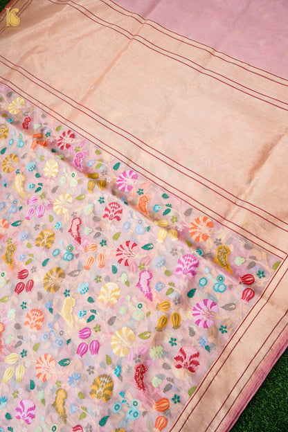 Banarasi Kora Cotton Ektara Kadwa Jaal Handwoven Saree in Blush Peach