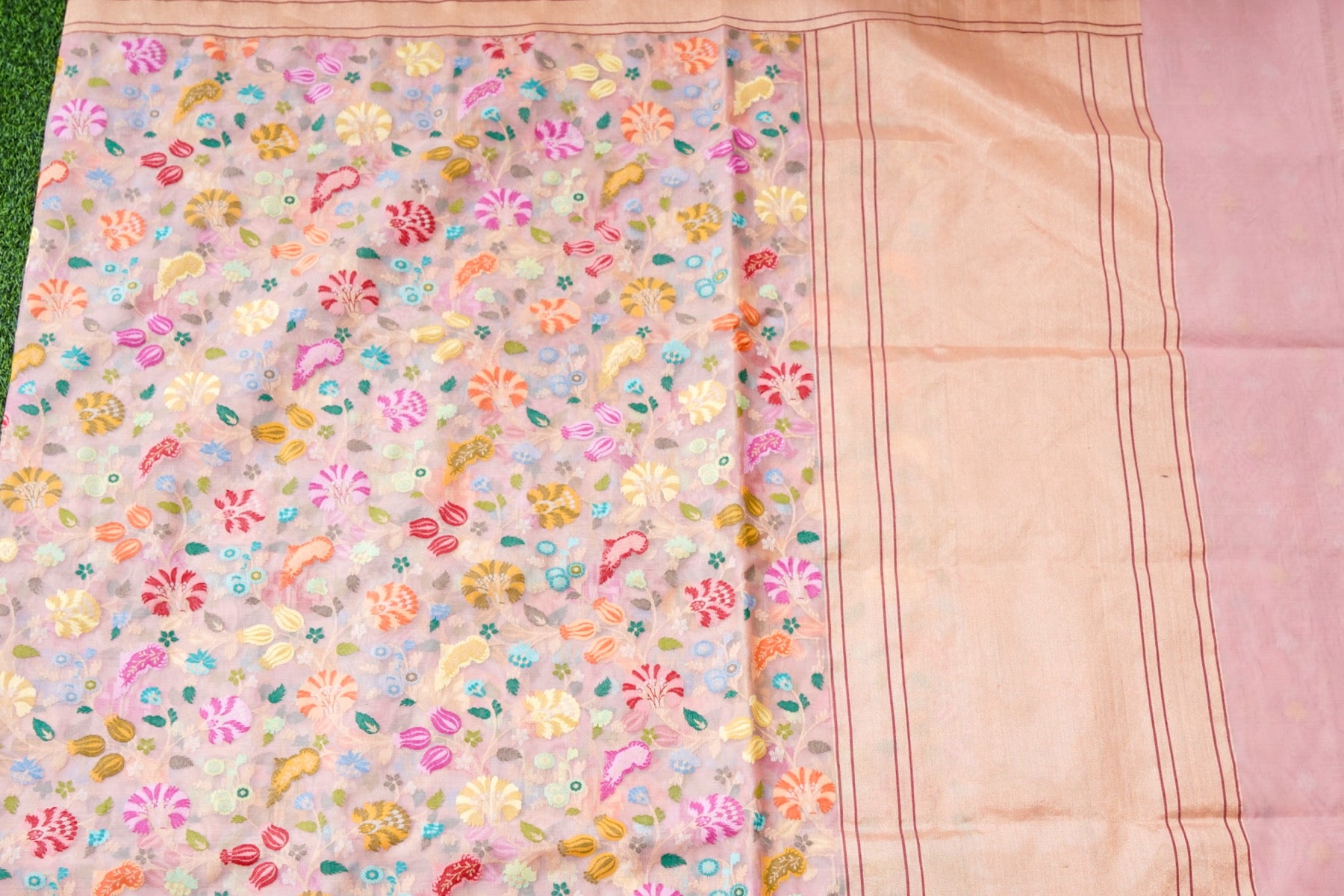 Banarasi Kora Cotton Ektara Kadwa Jaal Handwoven Saree in Blush Peach