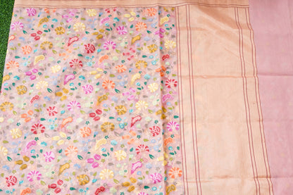 Banarasi Kora Cotton Ektara Kadwa Jaal Handwoven Saree in Blush Peach