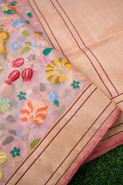 Banarasi Kora Cotton Ektara Kadwa Jaal Handwoven Saree in Blush Peach