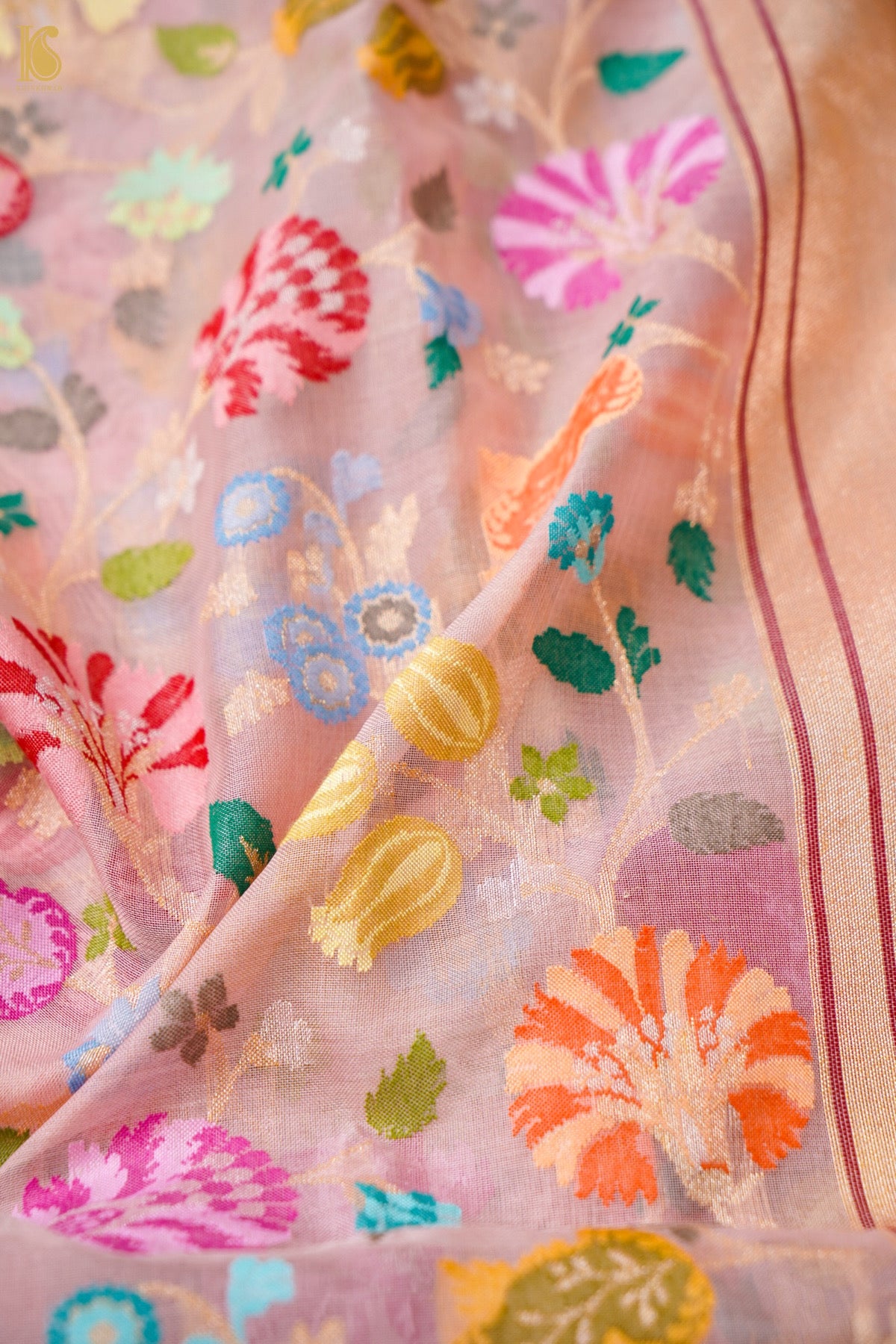 Banarasi Kora Cotton Ektara Kadwa Jaal Handwoven Saree in Blush Peach