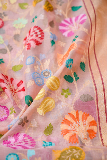 Banarasi Kora Cotton Ektara Kadwa Jaal Handwoven Saree in Blush Peach