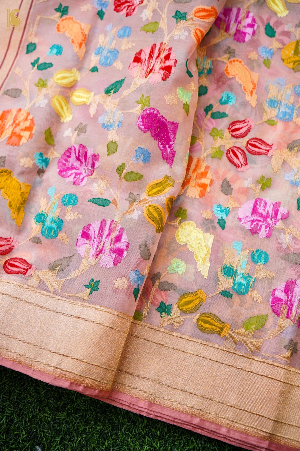 Banarasi Kora Cotton Ektara Kadwa Jaal Handwoven Saree in Blush Peach