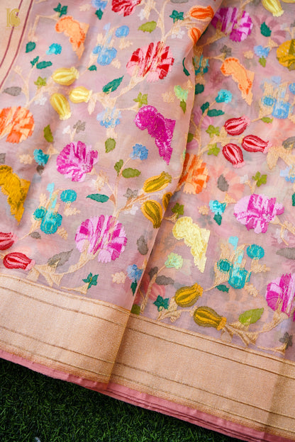 Banarasi Kora Cotton Ektara Kadwa Jaal Handwoven Saree in Blush Peach